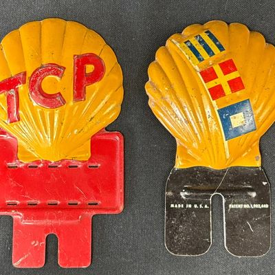Sale Photo Thumbnail #25: Pair Shell TCP 30s Embossed Gas Station License Plate Toppers