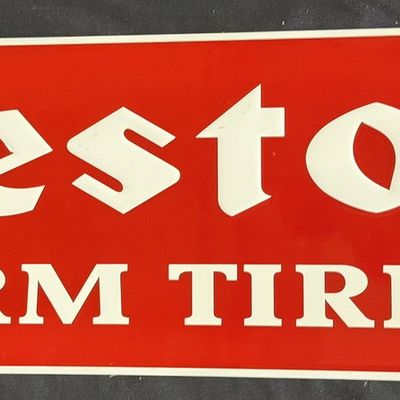 Sale Photo Thumbnail #189: Firestone Farm Tires Painted Metal Embossed Horizontal Sign