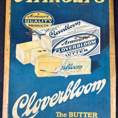 Sale Photo Thumbnail #513: Armour's Cloverbloom Creamery Butter Tin Over Cardboard Sign