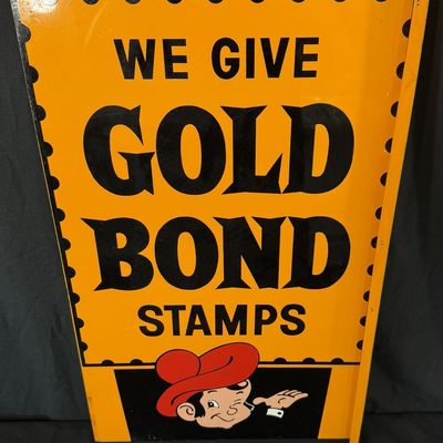 Sale Photo Thumbnail #324: We Give Gold Bond Stamps DST Painted Metal Flange Sign