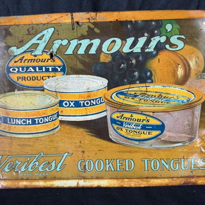 Sale Photo Thumbnail #507: Armour's Veribest Cooked Tongues Tin Over Cardboard Sign