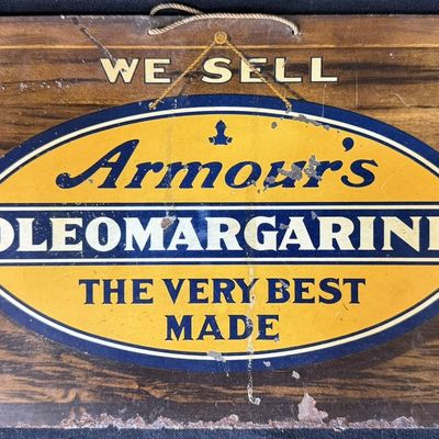 Sale Photo Thumbnail #509: We Sell Armour's Oleomargarine Tin Over Cardboard Sign