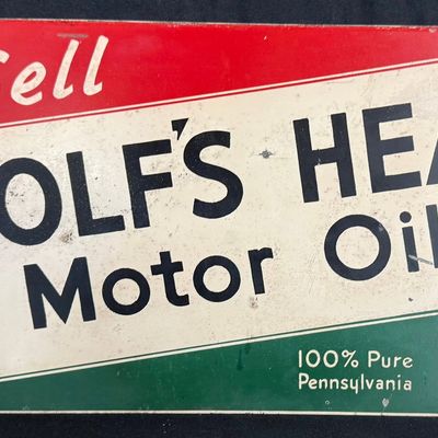 Sale Photo Thumbnail #177: We Sell Wolf's Head Motor Oil SST Painted Metal Topper Sign