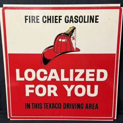 Sale Photo Thumbnail #264: Texaco Driving Fire Chief Gasoline Localized SST Tin Sign