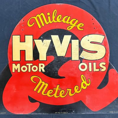 Sale Photo Thumbnail #284: Hyvis Motor Oils Mileage Metered DST Painted Metal 4' Sign