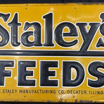 Sale Photo Thumbnail #383: Staley's Feeds SST Tin Embossed Farm Advertising Sign