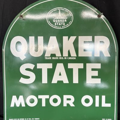 Sale Photo Thumbnail #133: Quaker State Tombstone DST Painted Metal Canada Gas Sign