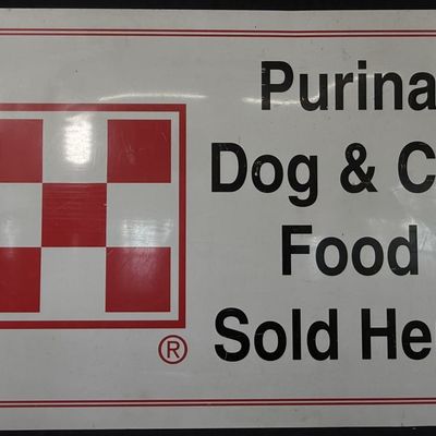 Sale Photo Thumbnail #451: Purina Dog & Cat Food Sold Here SST Tin Painted Farm Sign