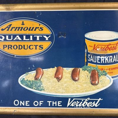 Sale Photo Thumbnail #515: Armour's Veribest Sauerkraut Tin Over Cardboard 1920s Sign