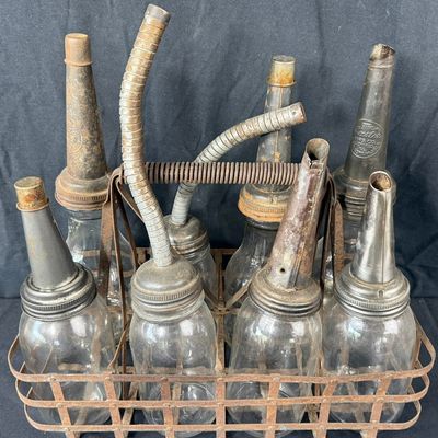 Sale Photo Thumbnail #229: Lot 8 Gas Station Metal Quart Carrier Glass Bottle Spout