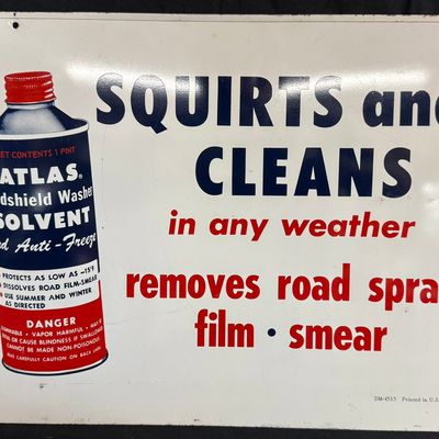 Sale Photo Thumbnail #173: Atlas Squirt Clean Windshield Washer Solvent SST Metal Sign