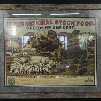 Sale Photo Thumbnail #446: International Stock Food 3 Feeds 1 Cent Framed Paper Sign