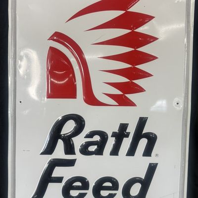 Sale Photo Thumbnail #404: Rath Feed SST Tin Embossed Metal Advertising Sign w/ Indian