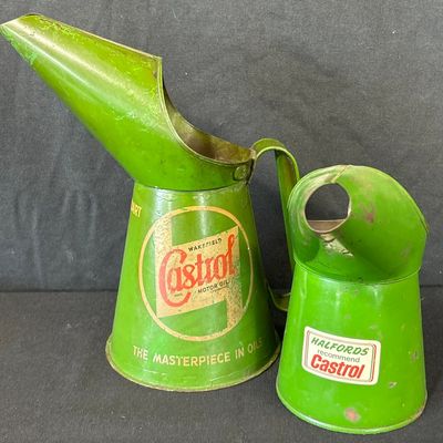Sale Photo Thumbnail #27: Pair Wakefield Castrol Motor Oil 1920s Metal Oiler Can