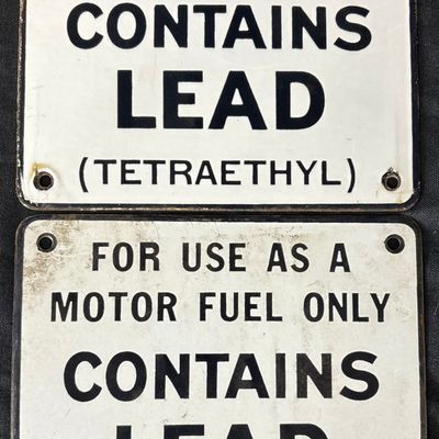 Sale Photo Thumbnail #110: 2 Contains Lead Antiknock Compounds Porcelain Gas Pump Plate