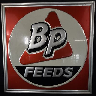 Sale Photo Thumbnail #394: BP Feeds SST Tin Embossed Self Framed Farm Advertising Sign
