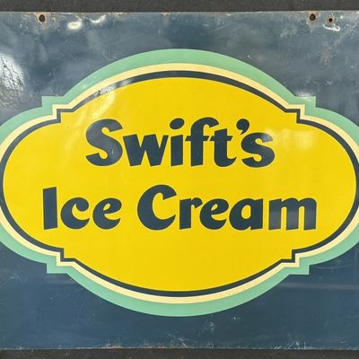 Sale Photo Thumbnail #490: Swift's Ice Cream DST Painted Metal Hanging Advertising Sign