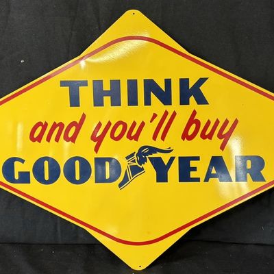 Sale Photo Thumbnail #82: Think And You'll Buy Goodyear SST Painted Metal Sign NOS