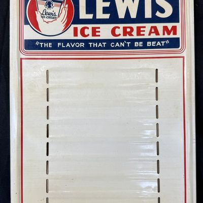 Sale Photo Thumbnail #320: Lewis Ice Cream Can't Be Beat SST Tin Cardboard Menu Sign