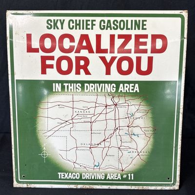 Sale Photo Thumbnail #46: Sky Chief Gasoline For You DST Texaco Metal Rack Topper Sign