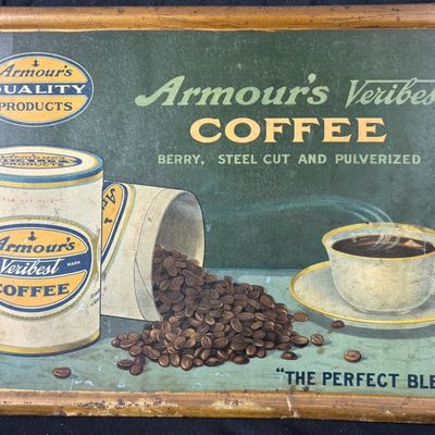 Sale Photo Thumbnail #517: Armours Veribest Coffee Perfect Blend TOC Tin Cardboard Sign