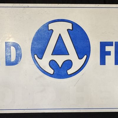 Sale Photo Thumbnail #411: "A" Red Feed SST Tin Painted Metal Farm Advertising Sign