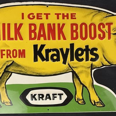 Sale Photo Thumbnail #326: Milk Bank Boost Kraylets Kraft Diecut SST Tin Metal Pig Sign
