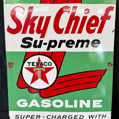 Sale Photo Thumbnail #150: Texaco Sky Chief Su-preme Gasoline Porcelain Gas Pump Sign