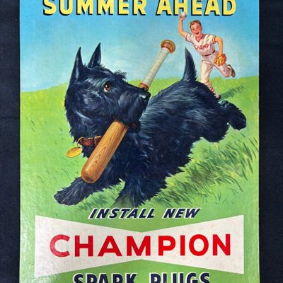 Sale Photo Thumbnail #22: Champion Spark Plugs Summer Ahead Cardboard Baseball Sign