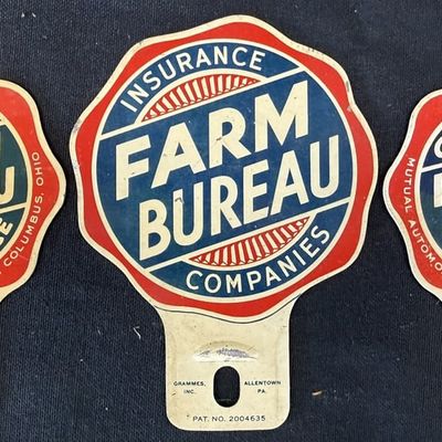 Sale Photo Thumbnail #319: 3 Farm Bureau Quality Insurance Metal License Plater Topper