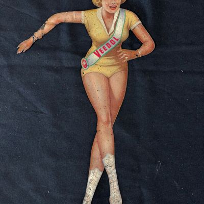 Sale Photo Thumbnail #78: Veedol Skating Girl Diecut SST Painted Metal Sign Short Hair