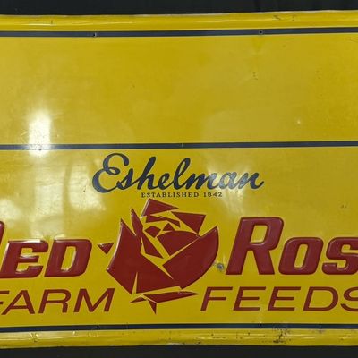 Sale Photo Thumbnail #384: Red Rose Farm Feeds by Eshelman SST Tin Embossed Farm Sign
