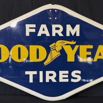 Sale Photo Thumbnail #290: Goodyear Farm Tires SST Embossed Tire Rack Advertising Sign