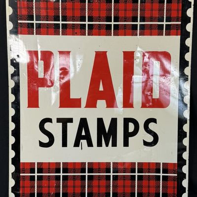 Sale Photo Thumbnail #328: Plaid Stamps DST Painted Metal Hanging Advertising Sign