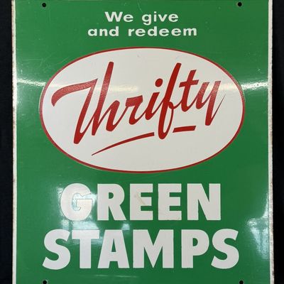 Sale Photo Thumbnail #323: Thrifty Green Stamps DST Painted Metal 60s Advertising Sign