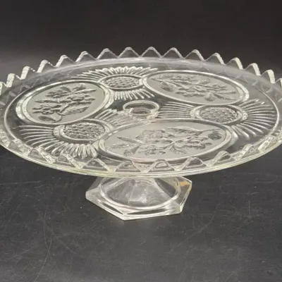 Vintage Floral Cut Glass Footed Cake Stand