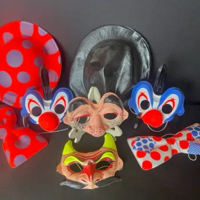 Vibrant Vintage Halloween Masks: Clown, Hobo, Devil 