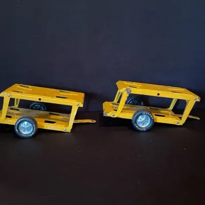 Two 1970s NYLINT Pressed Steel Double Decker Yellow Car Hauler Carrier Trailer Foldable