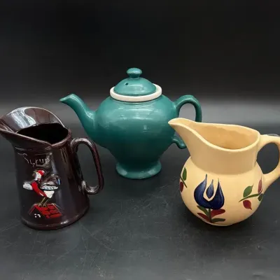 Vintage Watt Pottery Dutch Tulip Pitcher, Redware Rooster Syrup Pitcher, McCormick Hall Green Teapot