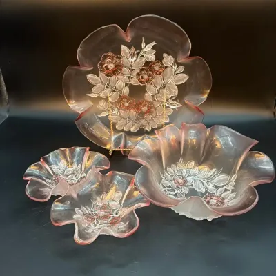 1940s Pink Roses Vintage Mikasa Ruffled Rosella Bowls/platter