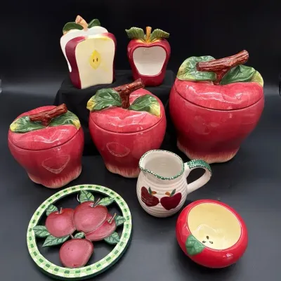 Ceramic Apple Canisters, Napkin Holder, Sponge Holder, Bowl, Trivet & Sm Pitcher