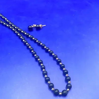 Beaded Black And Gold Toned Necklace With Black Stud Earrings