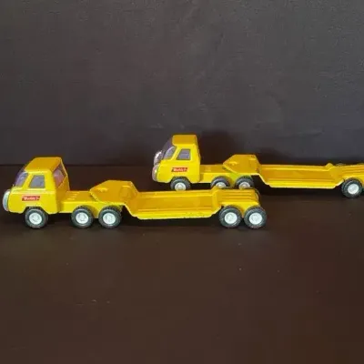 2 Vintage 1970s Buddy L Pressed Steel Lowboy Flatbed Semi-truck & Trailer Set