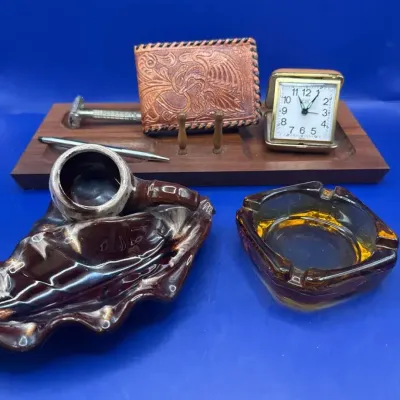 Vintage Walnut Valet Tray, Travel Clock, Amber Ashtray, Pipe Tray, Razor, Tooled Leather Wallet