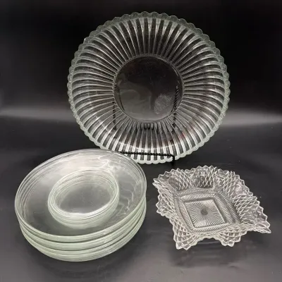 Jeanette Glass National Clear 12” Shallow Bowl, Indiana Glass Ruffled Edge Dish, 10 8” Glass Plates