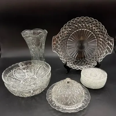 Vintage Anchor Hocking 1938-44 Waffle Plate, AH Prescut Round Dish, Star Medallion Bowls