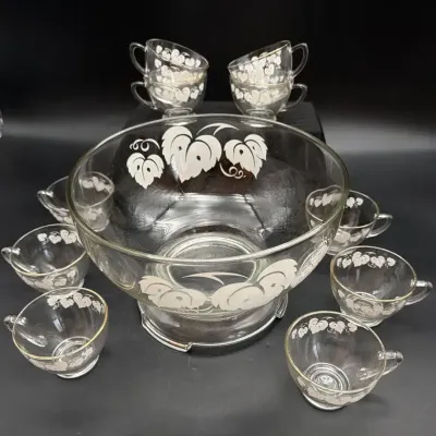MCM Anchor Hocking “Grape Leaf” Punch Bowl W Stand and 10 Cups, W/ Gold Rim Accents