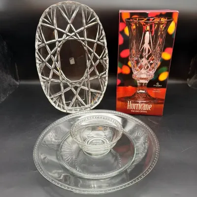 St George Lead Crystal Hurricane, Glass Chip And Dip Serving Platter, Mikasa Crystal Oblong Platter