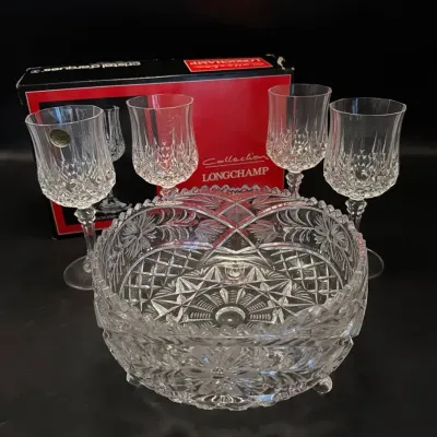 Vintage Pressed Cut Glass Daisy Diamond Bowl and 4 Cristal D’arques Longchamp Crystal Stemware