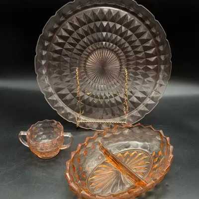 1930s Jeanette Glass Windsor Pink Serving Platter, Cube Pink Open Sugar Bowl, Divided Dish